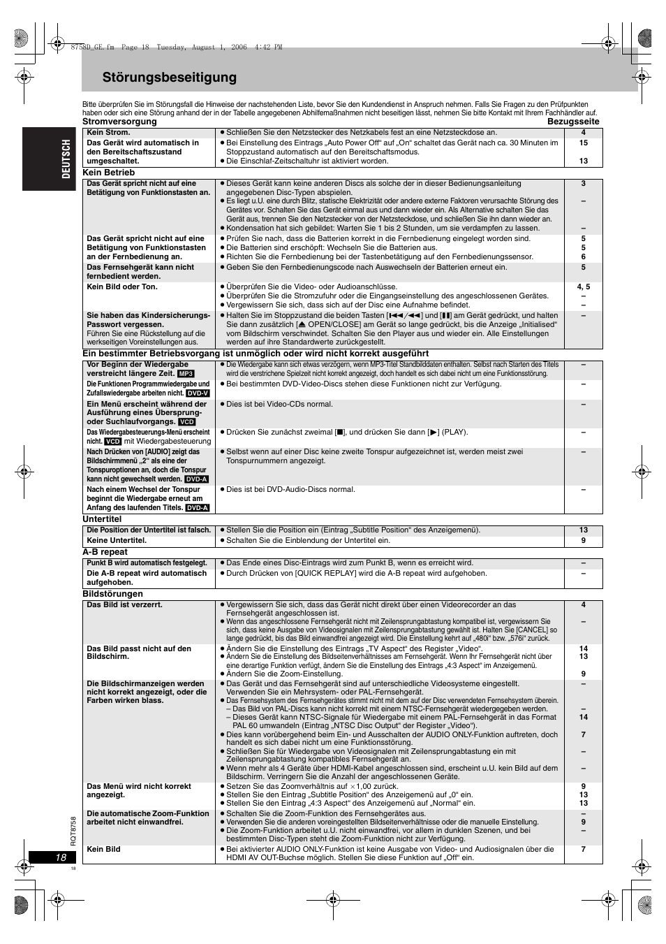 Störungsbeseitigung | Panasonic DVDS99 User Manual | Page 18 / 116