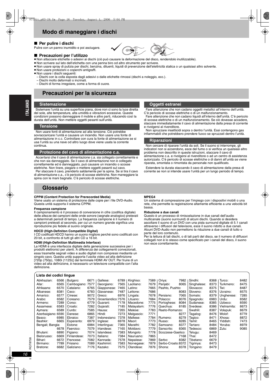 Modo di maneggiare i dischi, Precauzioni per la sicurezza, Glossario | Panasonic DVDS99 User Manual | Page 34 / 116