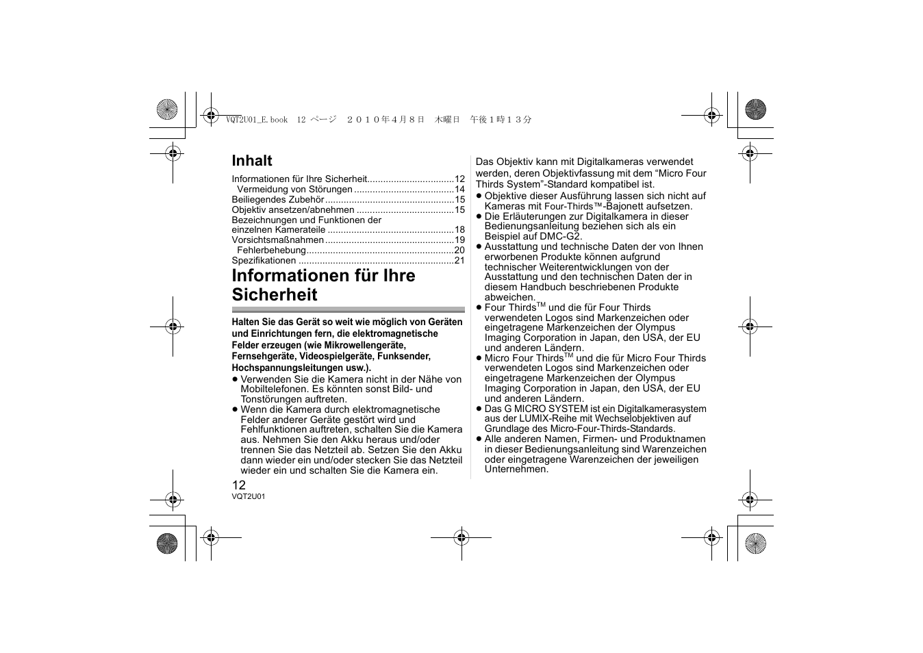 Informationen für ihre sicherheit, Inhalt | Panasonic HFS014042E User Manual | Page 12 / 72