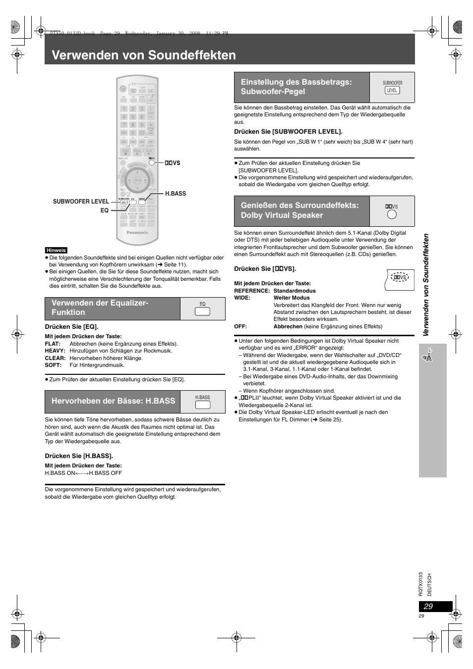 Verwenden von soundeffekten, Verwenden der equalizer-funktion, 29 hervorheben der bässe: h.bass | 29 einstellung des bassbetrags: subwoofer-pegel | Panasonic SCPTX50 User Manual | Page 29 / 116