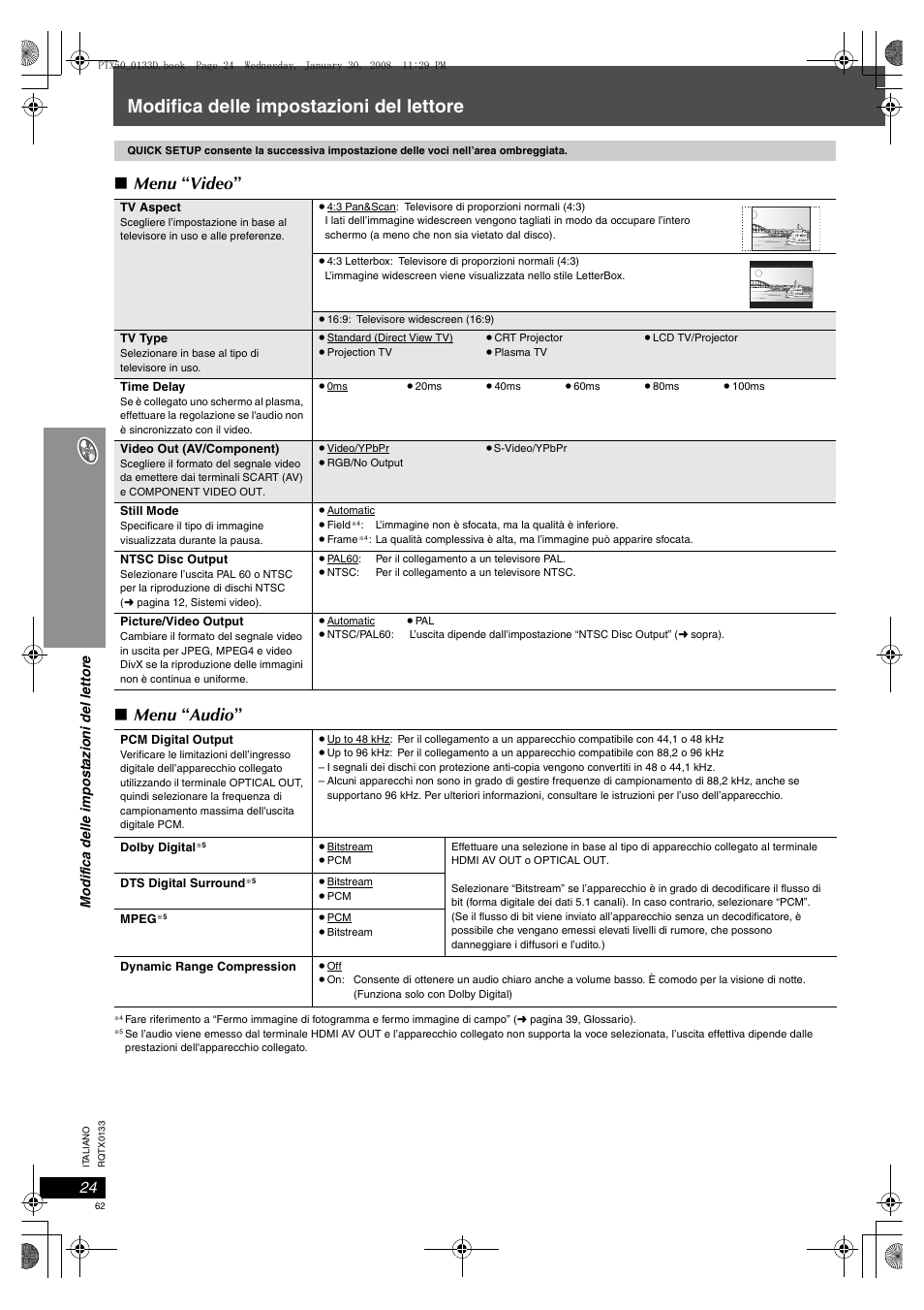 Modifica delle impostazioni del lettore, Menu “ video ” ∫ menu “ audio | Panasonic SCPTX50 User Manual | Page 62 / 116