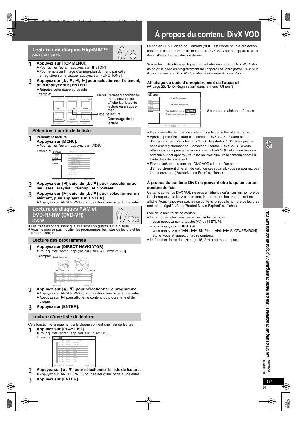 Lectures de disques highmat, À propos du contenu divx vod, Lecture de disques ram et dvd-r/-rw (dvd-vr) | Sélection à partir de la liste, Lecture des programmes, Lecture d’une liste de lecture, Affichage du code d’enregistrement de l’appareil, Appuyez sur [top menu, Appuyez sur [menu, Appuyez sur [direct navigator | Panasonic SCPTX50 User Manual | Page 95 / 116