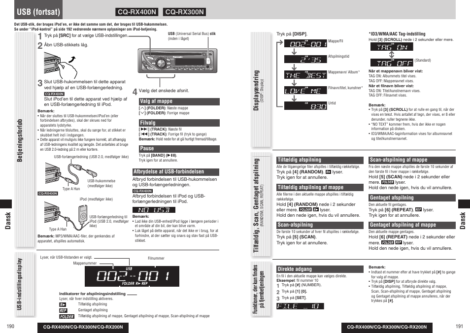 Usb (fortsat), Tilfældig, scan, gentaget afspilning, Betjeningsforløb displayændring | Dansk | Panasonic CQRX300N User Manual | Page 103 / 155