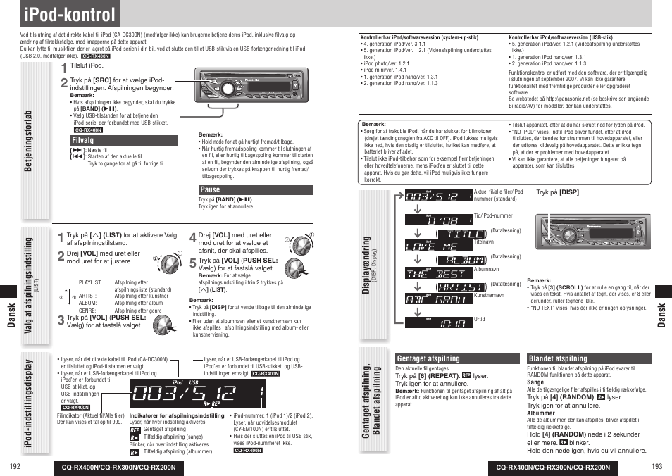 Ipod-kontrol, Valg af afspilningsindstilling, Ipod-indstillingsdisplay | Displayændring, Dansk | Panasonic CQRX300N User Manual | Page 104 / 155