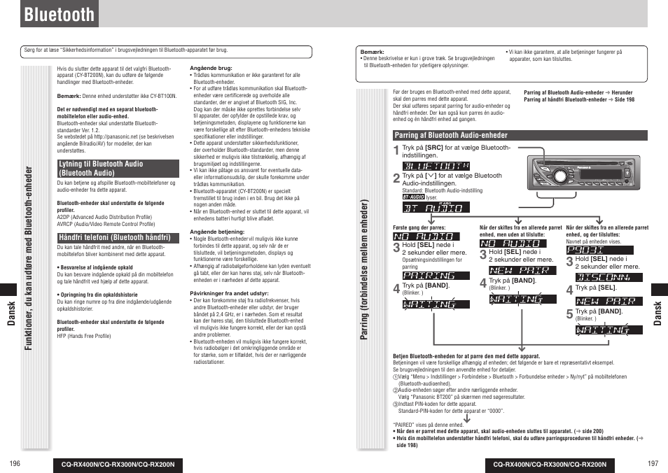 Bluetooth, Parring (forbindelse mellem enheder), Funktioner , du kan udføre med bluetooth-enheder | Dansk | Panasonic CQRX300N User Manual | Page 106 / 155