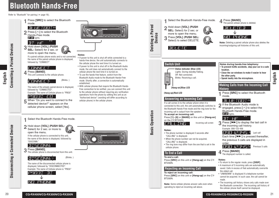 Bluetooth hands-free | Panasonic CQRX300N User Manual | Page 11 / 155
