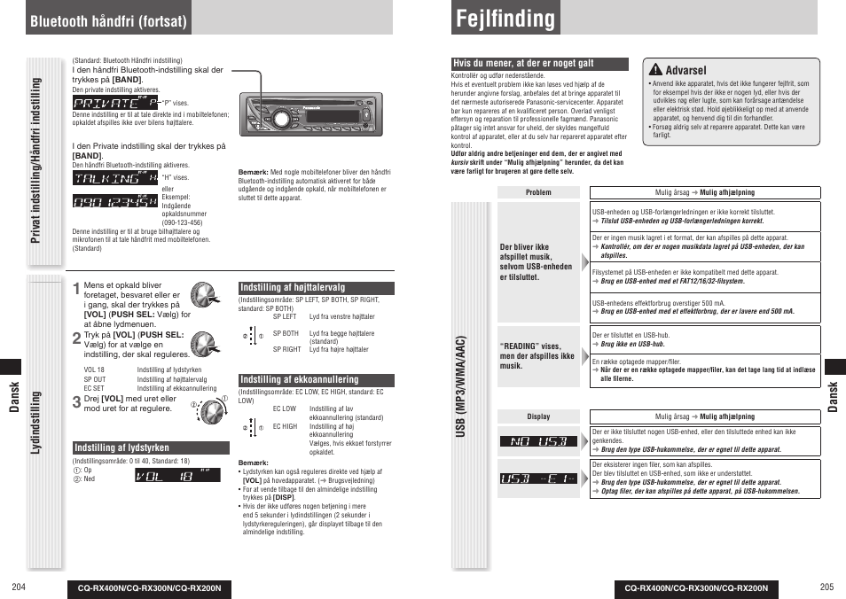 Fejlfi nding, Bluetooth håndfri (fortsat), Privat indstilling/håndfri indstilling | Lydindstilling, Advarsel, Usb (mp3/wma/aac), Dansk | Panasonic CQRX300N User Manual | Page 110 / 155
