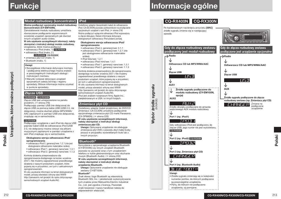 Funkcje, Informacje ogólne, Ur ządz enia, któr e można podłączyć | Wybór źr ódła sygnału, Polski p olski | Panasonic CQRX300N User Manual | Page 115 / 155