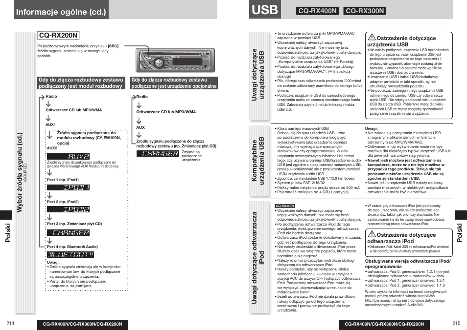 Informacje ogólne (cd.), Cq-rx200n, Wybór źr ódła sygnału (cd.) | Polski p olski | Panasonic CQRX300N User Manual | Page 116 / 155
