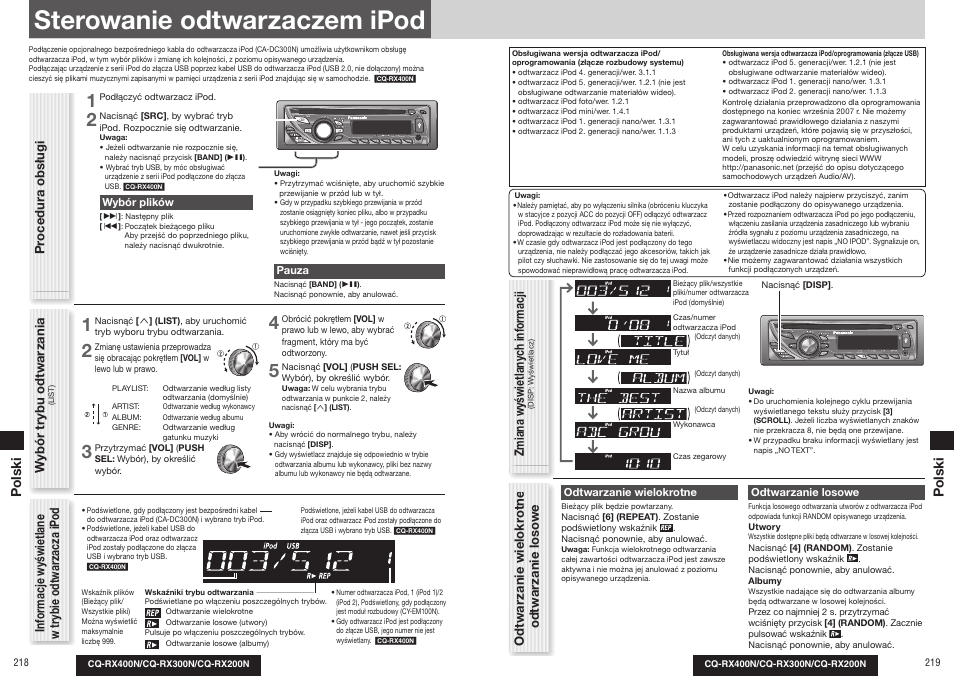 Sterowanie odtwarzaczem ipod, Wybór tr ybu odt w ar zania, Polski p olski | Panasonic CQRX300N User Manual | Page 118 / 155