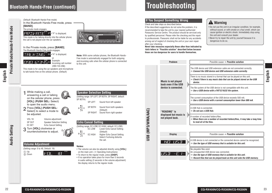 Troubleshooting, Bluetooth hands-free (continued), Private mode/hands-free mode | Audio setting, Warning, Usb (mp3/wma/aac), English | Panasonic CQRX300N User Manual | Page 12 / 155