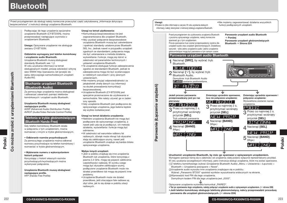 Bluetooth, Par o w anie (łącz enie ur ządz eń), Co można zr obić z ur ządz eniami bluetooth | Polski p olski | Panasonic CQRX300N User Manual | Page 120 / 155