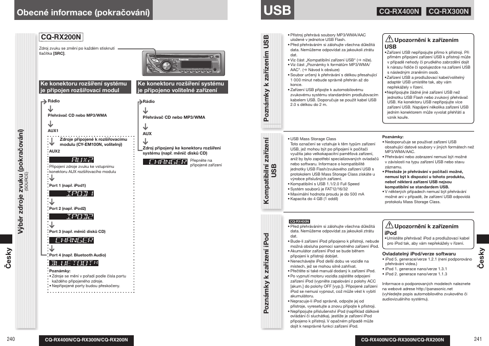 Obecné informace (pokračování), Cq-rx200n, Výběr zdr oje zvuku (pokračo vání) | Česk y česk y | Panasonic CQRX300N User Manual | Page 130 / 155