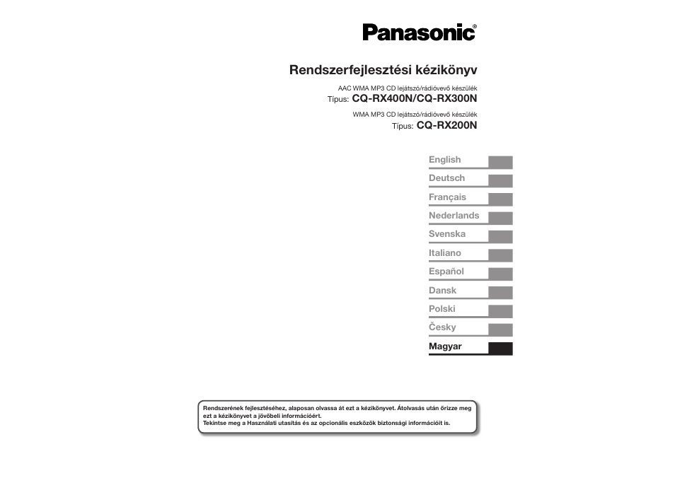 Rendszerfejlesztési kézikönyv | Panasonic CQRX300N User Manual | Page 141 / 155