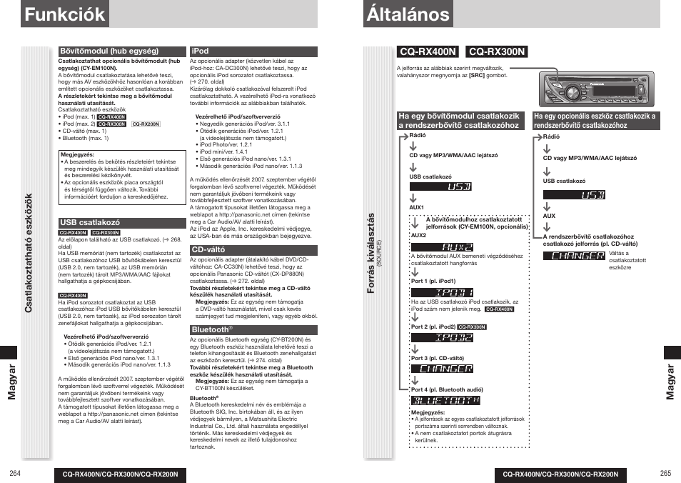 Funkciók, Általános, Csatlak ozt atható eszk öz ök | Fo rrás ki választ ás, Magyar | Panasonic CQRX300N User Manual | Page 143 / 155