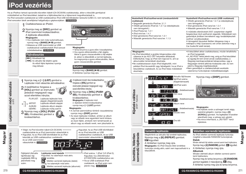 Ipod vezérlés, Lejátszási mód v álaszt ás, Ip od mód kijelz és | Kijelz és v ált ása, Magyar | Panasonic CQRX300N User Manual | Page 146 / 155