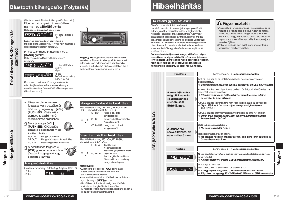 Hibaelhárítás, Bluetooth kihangosító (folytatás), Pr iv át üz emmód/kihangosít ás üz emmód | Hangbeállít ások, Figyelmeztetés, Usb (mp3/wma/aa c), Magyar | Panasonic CQRX300N User Manual | Page 152 / 155