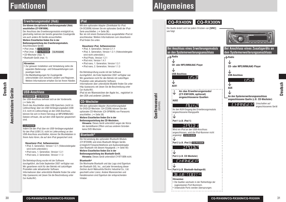 Allgemeines, Funktionen, Anschliessbare geräte | Quellenauswahl, Deutsch | Panasonic CQRX300N User Manual | Page 17 / 155