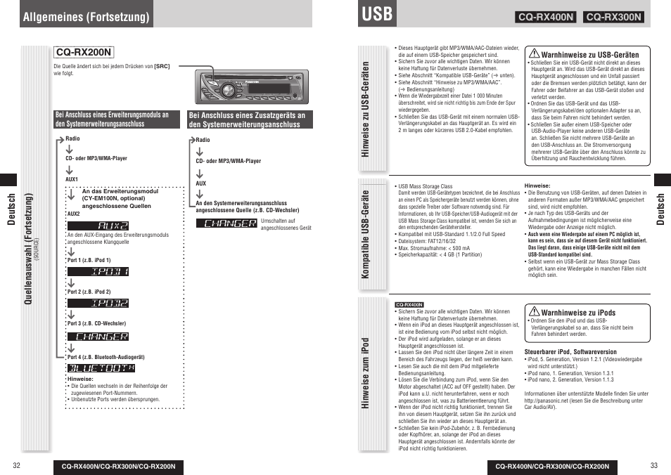 Allgemeines (fortsetzung), Cq-rx200n, Quellenauswahl (fortsetzung) | Deutsch | Panasonic CQRX300N User Manual | Page 18 / 155