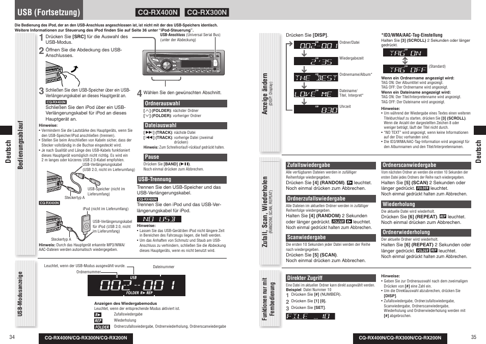 Usb (fortsetzung), Anzeige ändern, Bedienungsablauf zufall, scan, wiederholen | Deutsch | Panasonic CQRX300N User Manual | Page 19 / 155