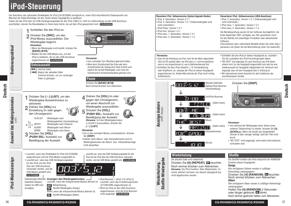 Ipod-steuerung, Bedienungsablauf wiederholung, shuffl e-wiedergabe, Anzeige ändern | Auswahl des wiedergabemodus, Ipod-modusanzeige, Deutsch | Panasonic CQRX300N User Manual | Page 20 / 155