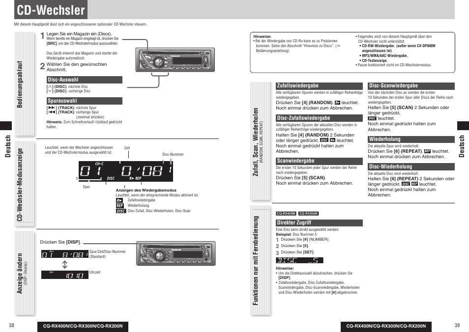 Cd-wechsler, Bedienungsablauf, Cd-w echsler -modusanzeige | Funktionen nur mit fernbedienung, Anzeige ändern, Zufall, scan, wiederholen, Deutsch | Panasonic CQRX300N User Manual | Page 21 / 155