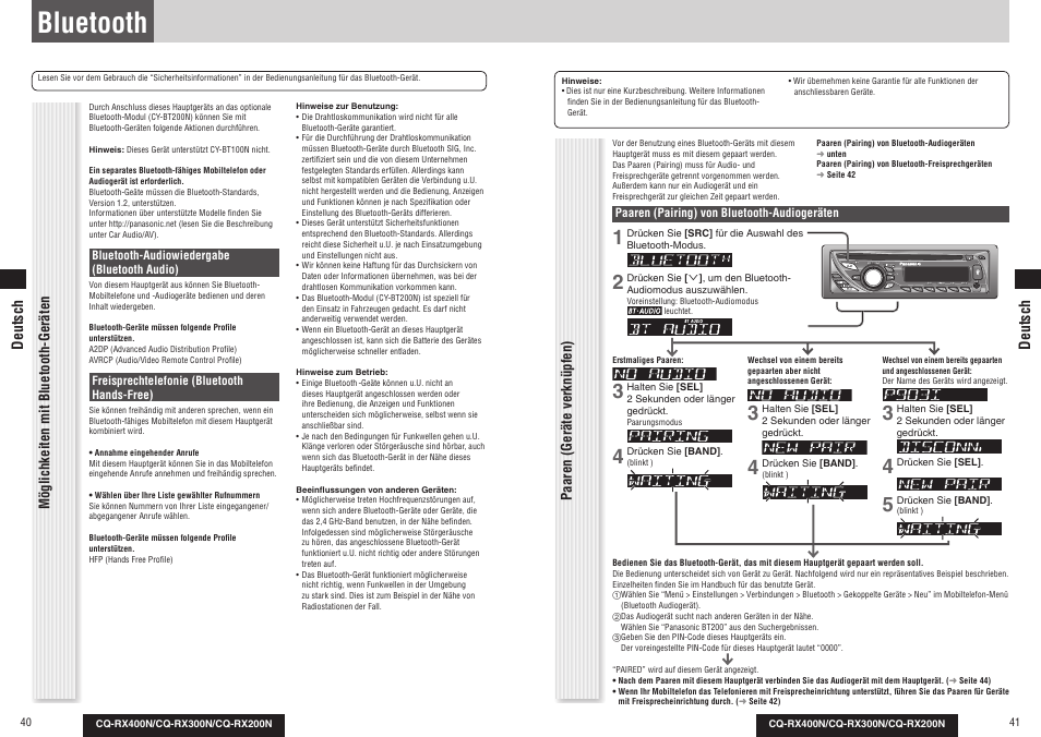 Bluetooth, Paaren (geräte verknüpfen), Möglichkeiten mit bluetooth-geräten | Deutsch | Panasonic CQRX300N User Manual | Page 22 / 155