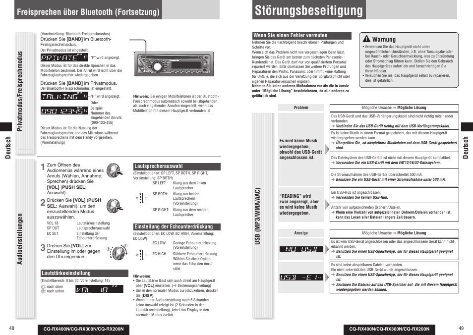 Störungsbeseitigung, Freisprechen über bluetooth (fortsetzung), Audioeinstellungen | Warnung, Usb (mp3/wma/aac), Privatmodus/freisprechmodus deutsch deutsch | Panasonic CQRX300N User Manual | Page 26 / 155