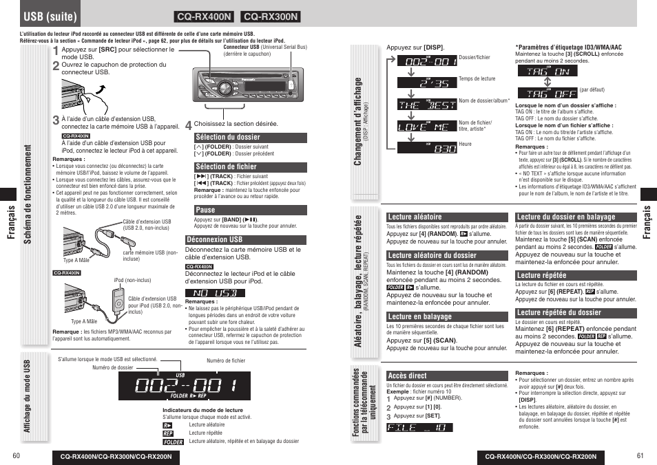 Usb (suite), Aléatoire, balayage, lecture répétée, Changement d’affi chage | Schéma de fonctionnement, Français | Panasonic CQRX300N User Manual | Page 33 / 155