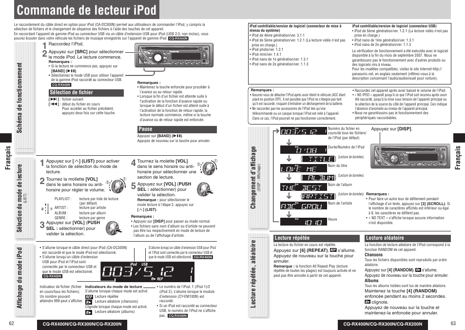 Commande de lecteur ipod, Français | Panasonic CQRX300N User Manual | Page 34 / 155