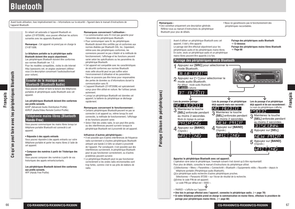Bluetooth, Pairage (liaison de périphériques), Français | Panasonic CQRX300N User Manual | Page 36 / 155