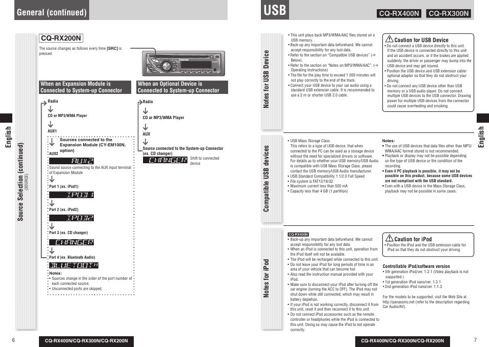 General (continued), Cq-rx200n, Source selection (continued) | Compatible usb devices, English | Panasonic CQRX300N User Manual | Page 4 / 155