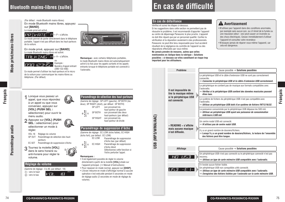 En cas de diffi culté, Bluetooth mains-libres (suite), Mode privé/mains-libres | Paramétrage audio, Avertissement, Usb (mp3/wma/aac), Français | Panasonic CQRX300N User Manual | Page 40 / 155