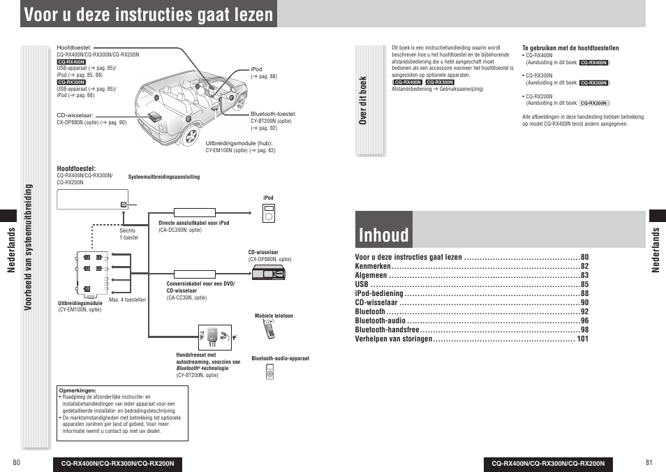 Inhoud, Voor u deze instructies gaat lezen, Cy-bt100u | Voorbeeld van systeemuitbreiding over dit boek, Nederlands | Panasonic CQRX300N User Manual | Page 44 / 155