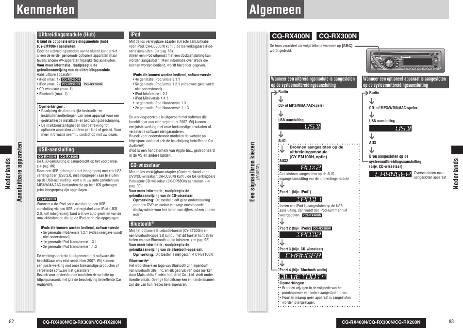 Kenmerken, Algemeen, Aansluitbare apparaten | Een signaalbron kiezen, Nederlands | Panasonic CQRX300N User Manual | Page 45 / 155
