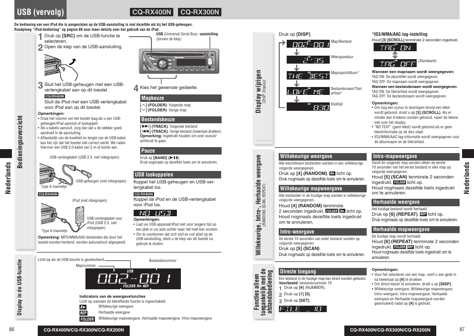 Usb (vervolg), Bedieningsover zicht display wijzigen, Willekeurige, intro-, herhaalde weergave | Nederlands | Panasonic CQRX300N User Manual | Page 47 / 155