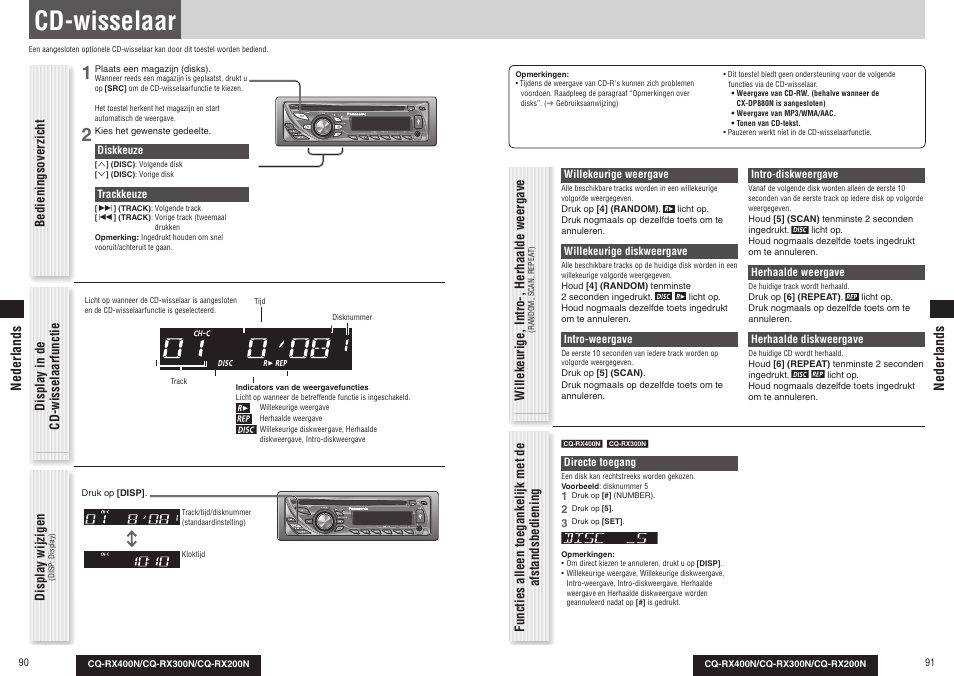 Cd-wisselaar, Bedieningsover zicht, Willekeurige, intro-, herhaalde weergave | Display in de cd-wisselaarfunctie, Display wijzigen, Nederlands | Panasonic CQRX300N User Manual | Page 49 / 155