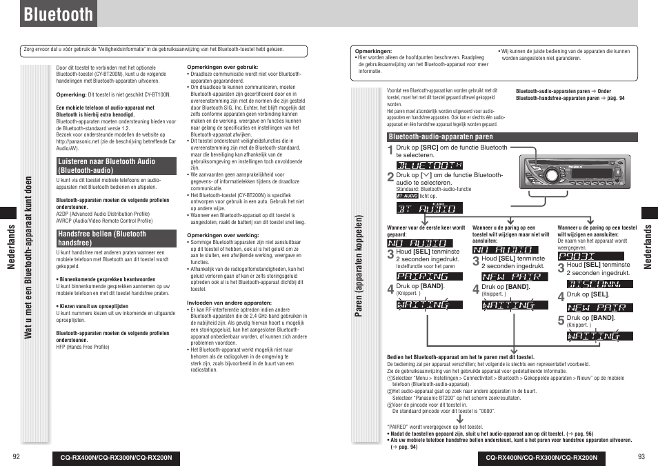Bluetooth, Paren (apparaten koppelen), Wat u met een bluetooth-apparaat kunt doen | Nederlands | Panasonic CQRX300N User Manual | Page 50 / 155