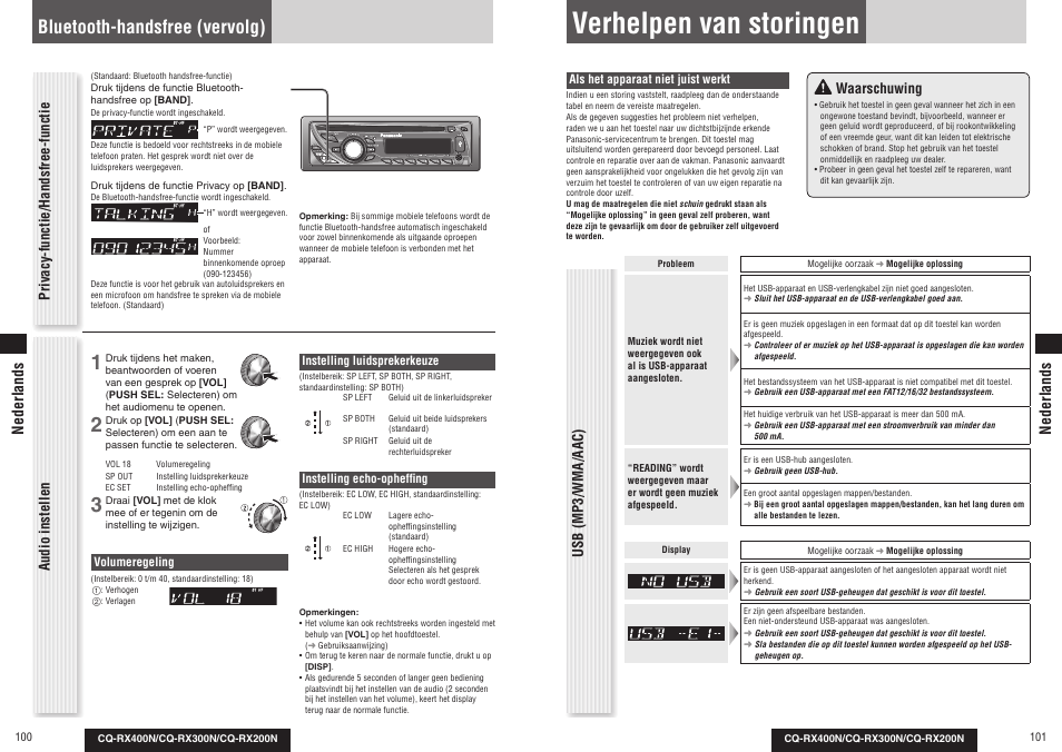 Verhelpen van storingen, Bluetooth-handsfree (vervolg), Privacy-functie/handsfree-functie | Audio instellen, Waarschuwing, Usb (mp3/wma/aac), Nederlands | Panasonic CQRX300N User Manual | Page 54 / 155