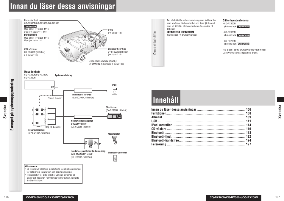 Innehåll, Innan du läser dessa anvisningar, Cy-bt100u | Exempel på systemuppgradering om detta häfte, Svenska | Panasonic CQRX300N User Manual | Page 58 / 155