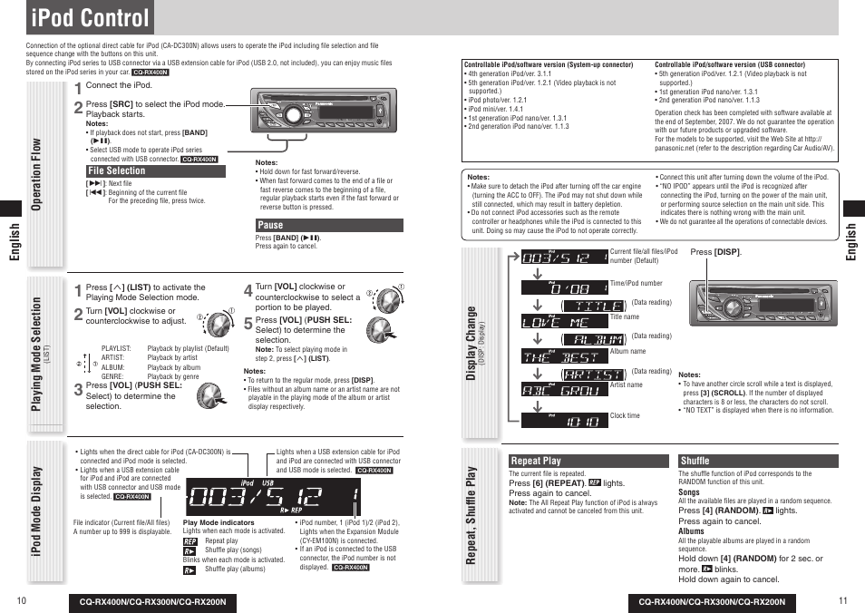 Ipod control, Operation flow repeat, shuffl e play, Playing mode selection | Ipod mode display, Display change, English | Panasonic CQRX300N User Manual | Page 6 / 155