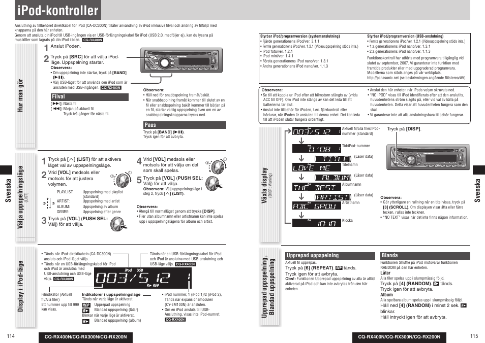 Ipod-kontroller, Välja uppspelningsläge, Display i ipod-läge | Växla display, Svenska | Panasonic CQRX300N User Manual | Page 62 / 155
