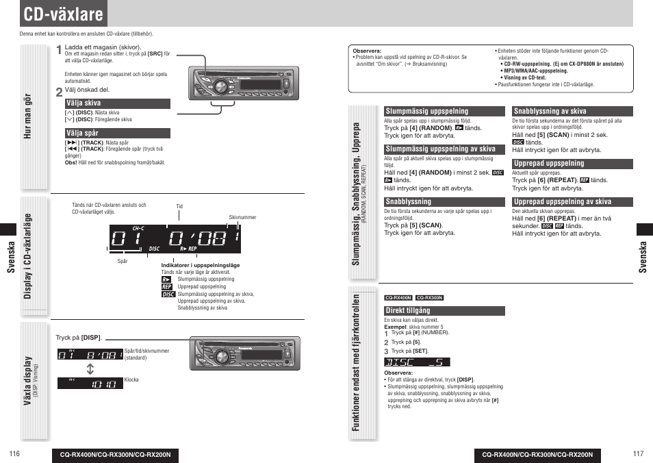 Cd-växlare, Hur man gör, Slumpmässig, snabblyssning, upprepa | Display i cd-växlarläge, Funktioner endast med fjärrkontrollen, Växla display, Svenska | Panasonic CQRX300N User Manual | Page 63 / 155