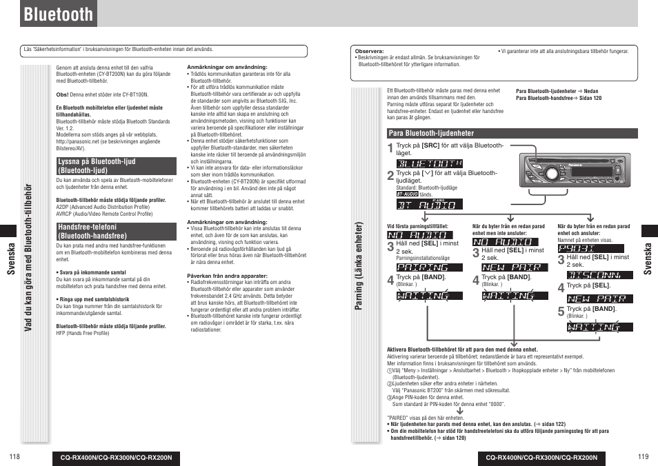 Bluetooth, Parning (länka enheter), Vad du kan göra med bluetooth-tillbehör | Svenska | Panasonic CQRX300N User Manual | Page 64 / 155