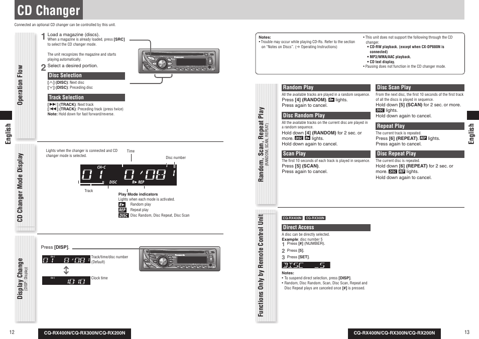 Cd changer, Operation flow, Random, scan, repeat play | Cd changer mode display, Functions only by remote control unit, Display change, English | Panasonic CQRX300N User Manual | Page 7 / 155