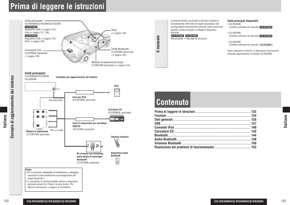 Contenuto, Prima di leggere le istruzioni, Cy-bt100u | Esempio di aggiornamento del sistema il manuale, Italiano | Panasonic CQRX300N User Manual | Page 72 / 155