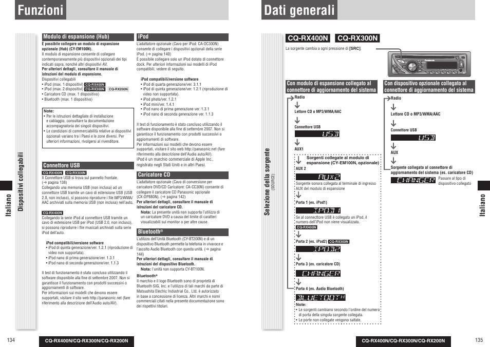 Funzioni, Dati generali, Dispositivi collegabili | Selezione della sorgente, Italiano | Panasonic CQRX300N User Manual | Page 73 / 155