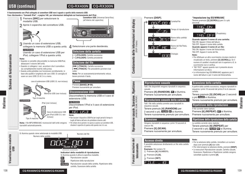 Usb (continua), Riproduzione casuale, scansione, ripetizione, Italiano | Panasonic CQRX300N User Manual | Page 75 / 155
