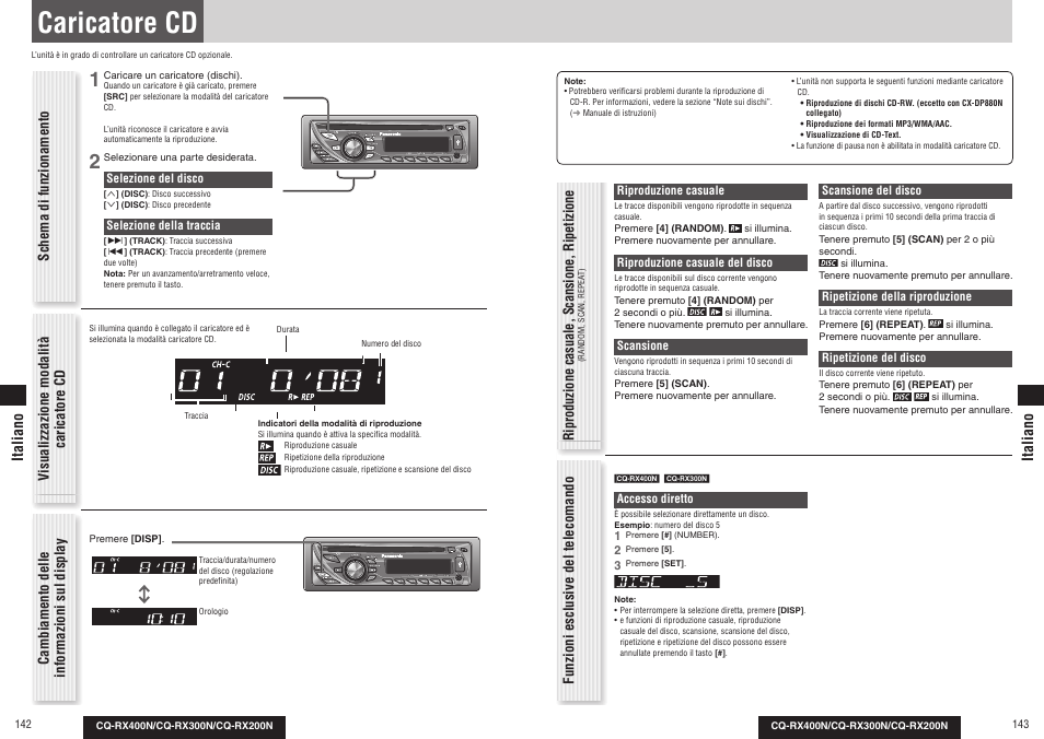 Caricatore cd, Schema di funzionamento, Riproduzione casuale, scansione, ripetizione | Visualizzazione modalità caricatore cd, Funzioni esclusive del telecomando, Cambiamento delle informazioni sul display, Italiano | Panasonic CQRX300N User Manual | Page 77 / 155