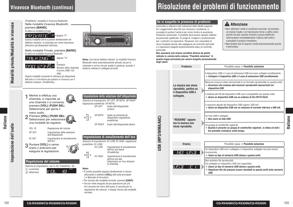 Risoluzione dei problemi di funzionamento, Vivavoce bluetooth (continua), Modalità privata/modalità in vivavoce | Impostazione dell’audio, Attenzione, Usb (mp3/wma/aac), Italiano | Panasonic CQRX300N User Manual | Page 82 / 155